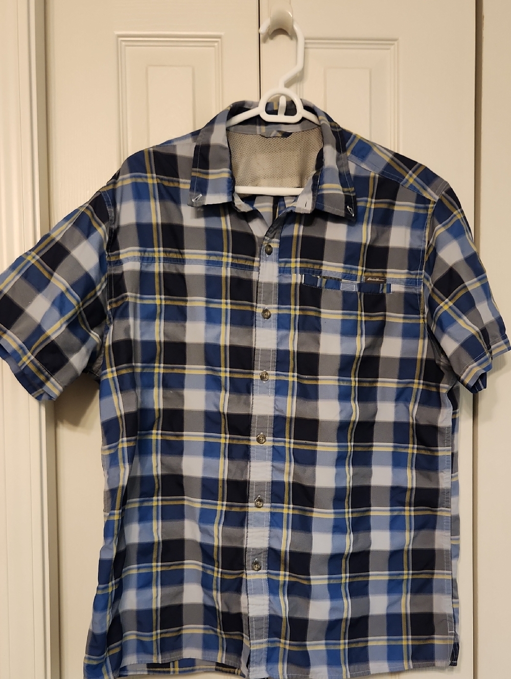 Eddie Bauer Blue and Navy Plaid Short-Sleeve Button-Down